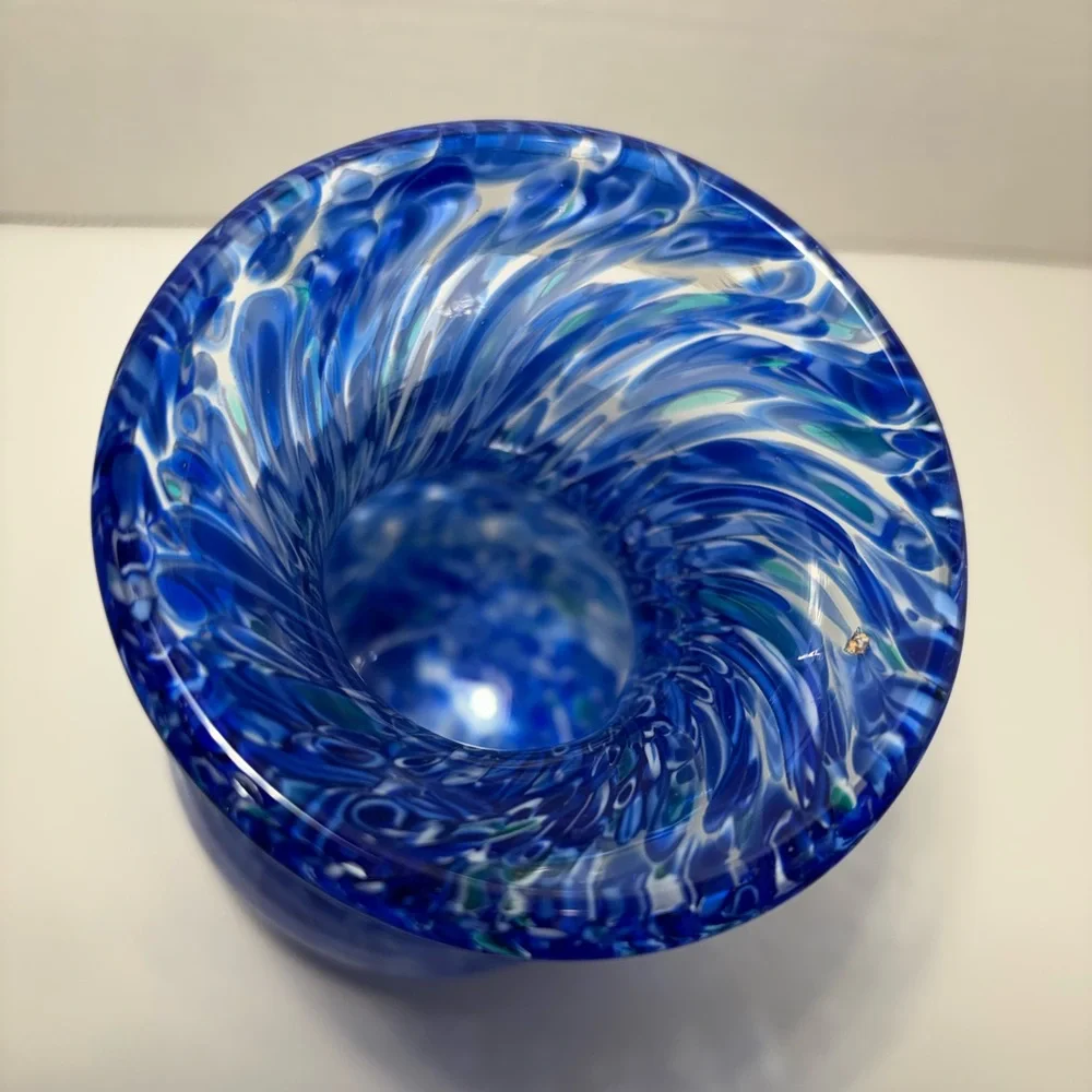 Cobalt Blue Vase White Swirl Art Glass Heavy Glass 5.5” Smooth Bottom Home Decor